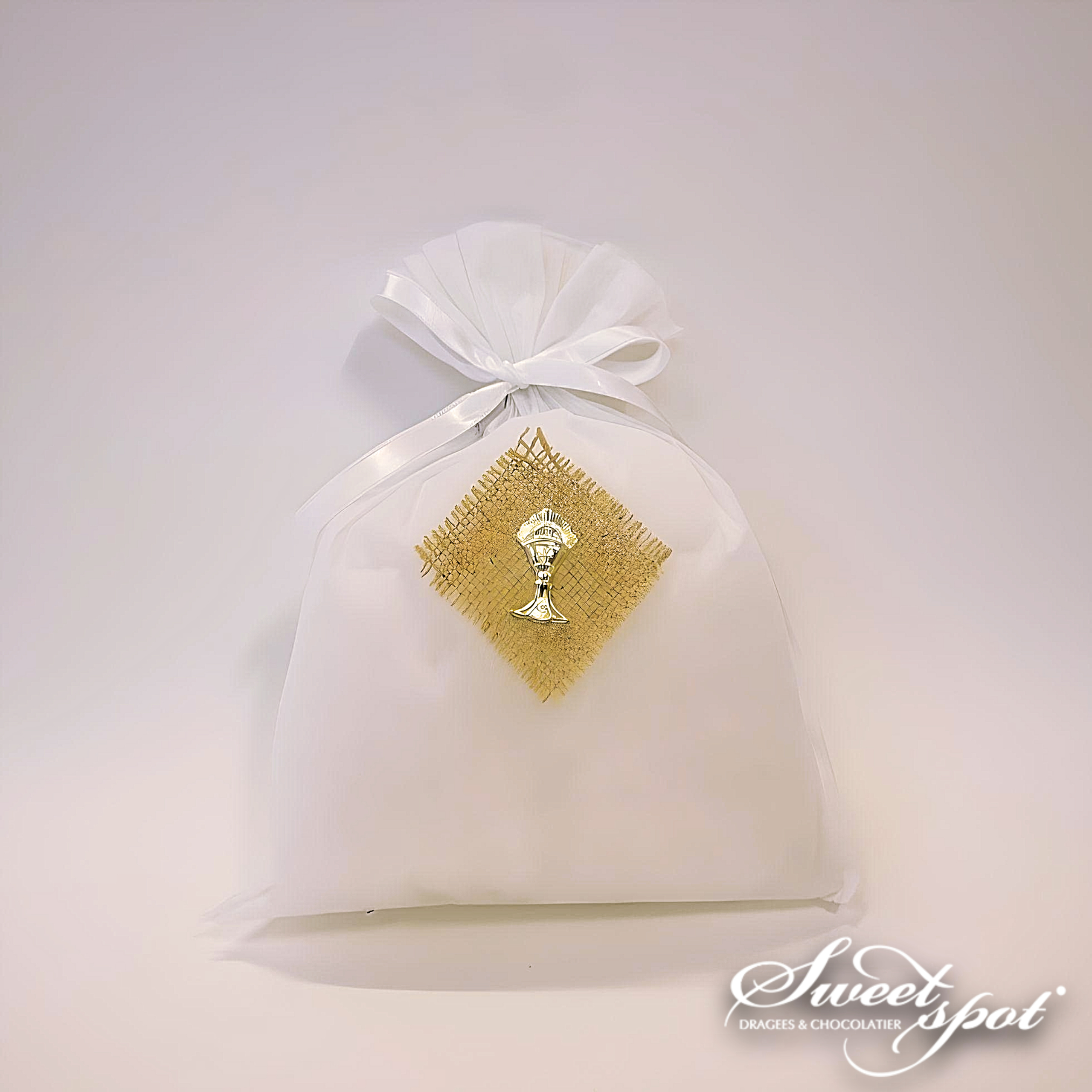 50 Pochettes Organza Baptême Communion Confirmation Blanc Doré - Sachets Dragées Motifs Colombe, Croix, Ange - 8x10 Cm Pour Bonbons, Bijoux, Cadeaux Invités